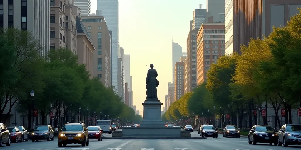 a city with a lot of tall buildings and a statue in the middle of the street with cars driving aroun