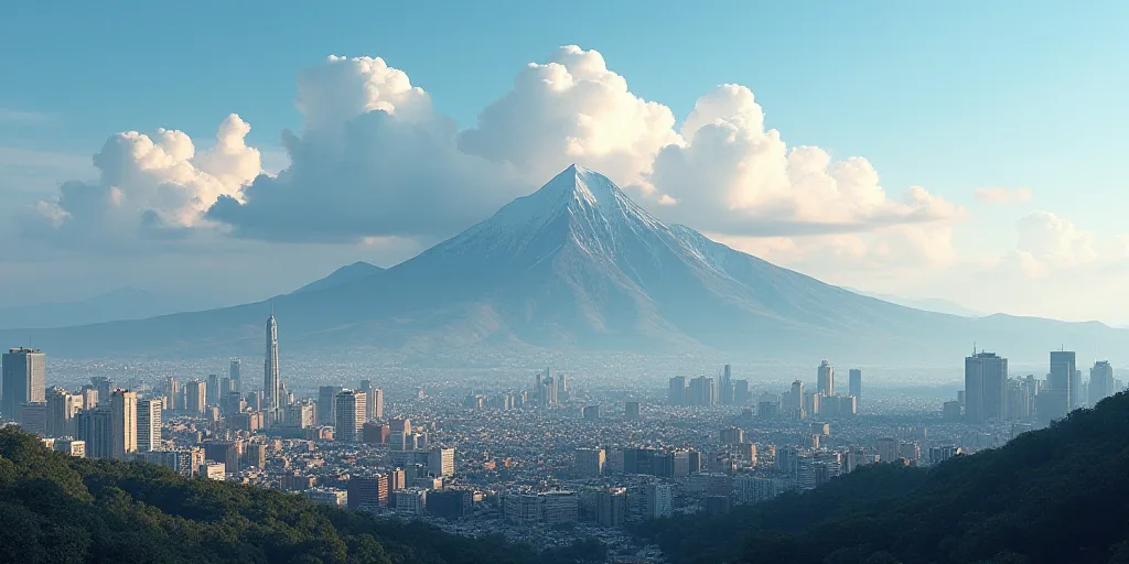 a city with a mountain in the background and clouds in the sky above it, with a cityscape in the for