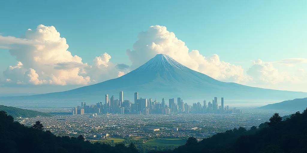 a city with a mountain in the background and clouds in the sky above it, with a cityscape in the for