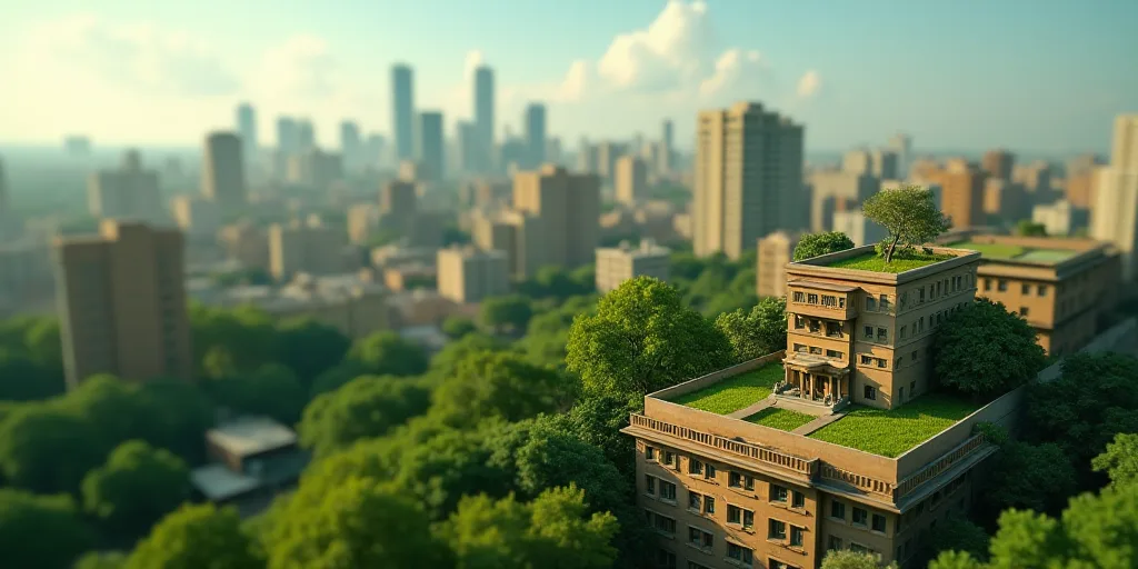 a city with lots of tall buildings and lots of trees in the background, with a green roof top, Diego