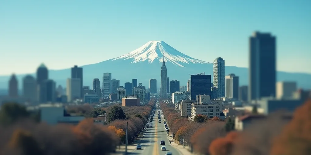 a city with tall buildings and a street in the foreground and a mountain in the background with a bl