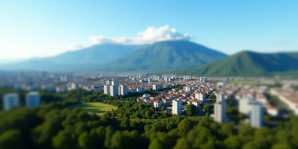 a city with tall buildings and trees in the foreground and a mountain in the background with a blue
