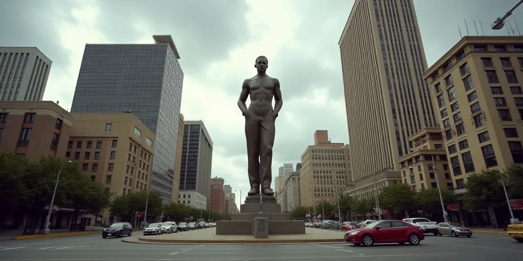 a city with tall buildings and a statue in the middle of the street with cars driving around it and