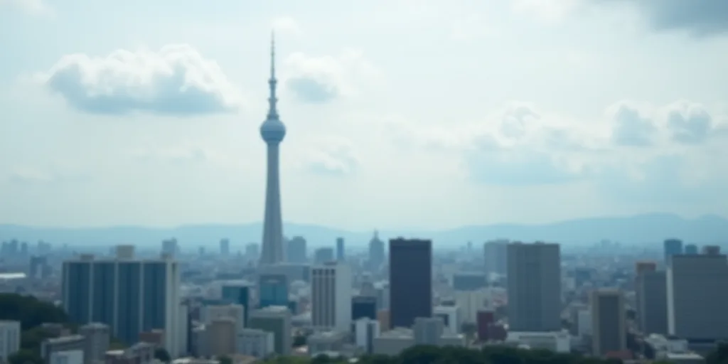 a cityscape with a very tall tower in the distance with a cloudy sky in the background and a few clo