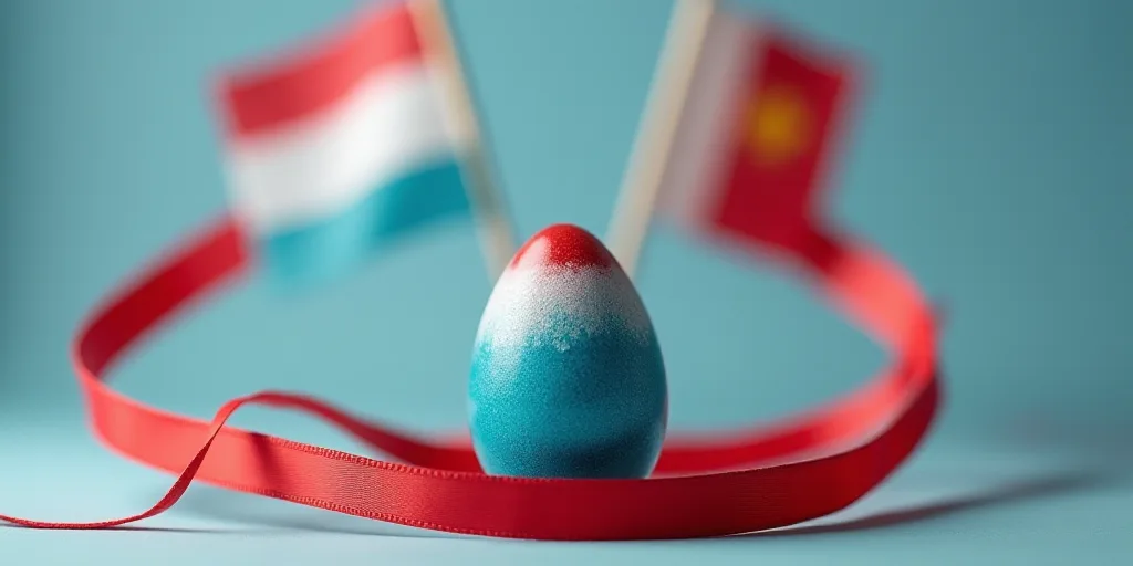 a close up of a blue egg with a red ribbon around it and flags in the background with a red, white,
