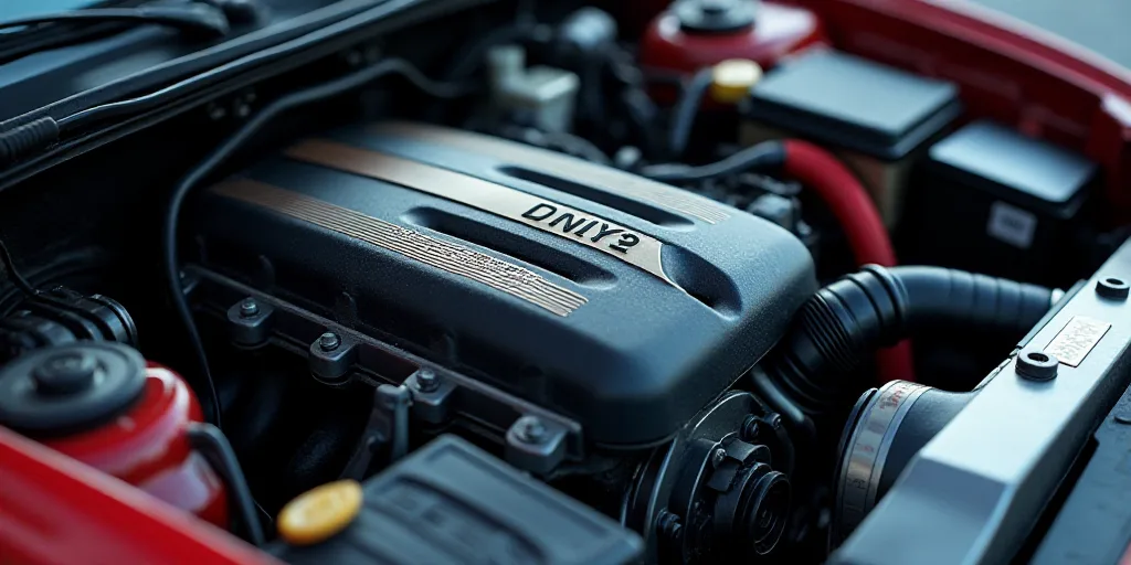 a close up of a car engine with a logo on it's cover and a box of batteries, Beeple, frostbite 3 eng