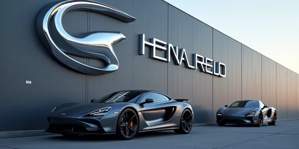 a close up of a car logo on a wall with a car parked in front of it and another car behind it, An Gy
