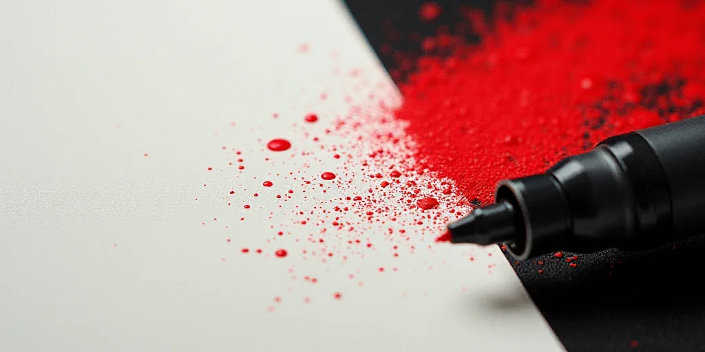 a close up of a paper with a red marker on it and a black and white background with a red marker, De