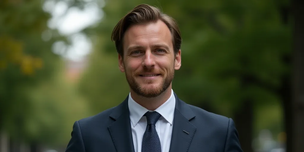 a close up of a person wearing a suit and tie with trees in the background and a blurry background,