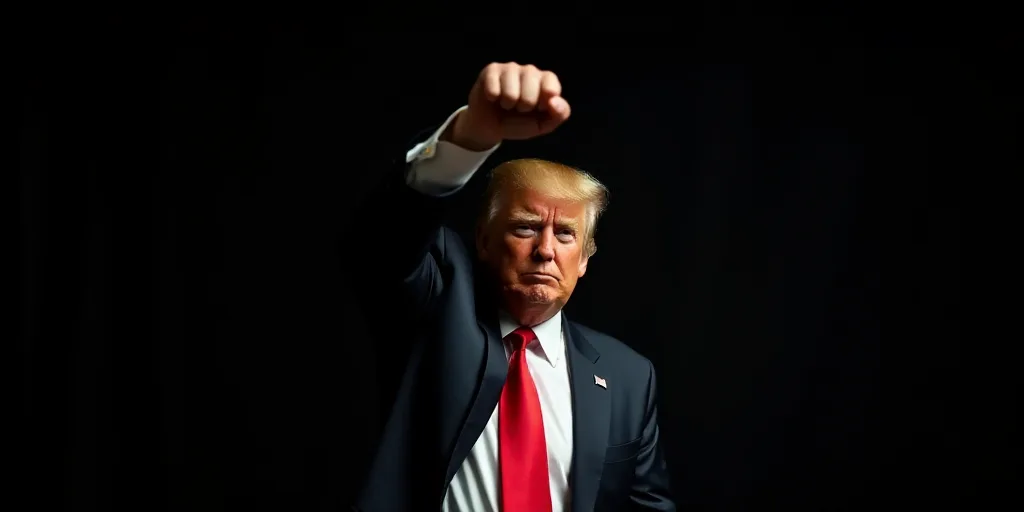 a close up of a person wearing a suit and tie with his fist raised up in the air and a black backgro