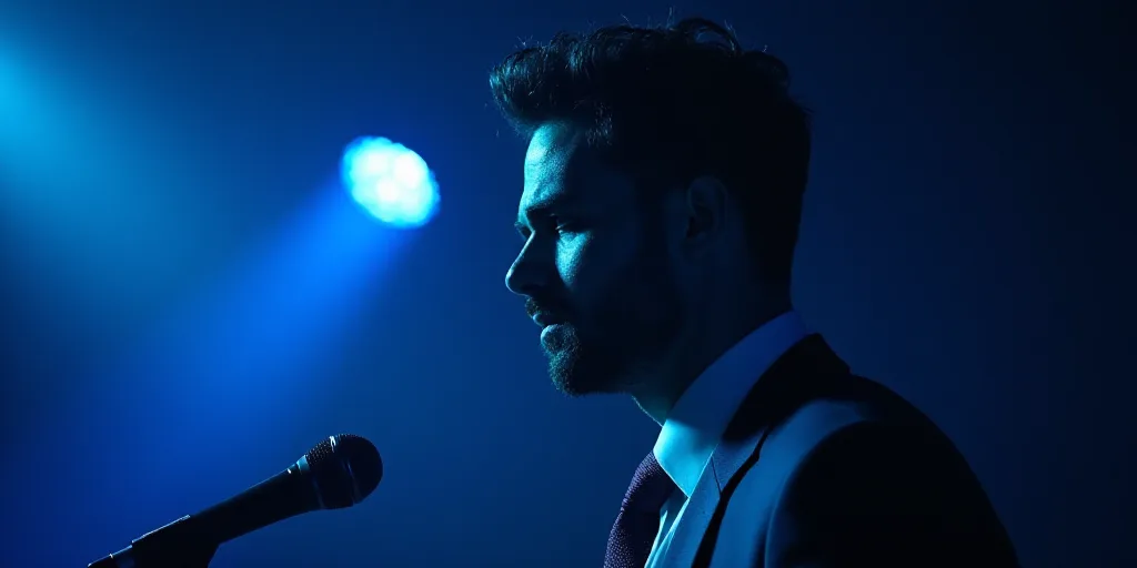 a close up of a person with a suit on and tie on and a microphone in the background with a blue ligh