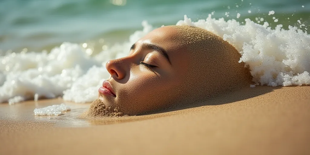 a close up of a sand covered beach with a person's face in the sand and a wave coming in, Bálint Ki