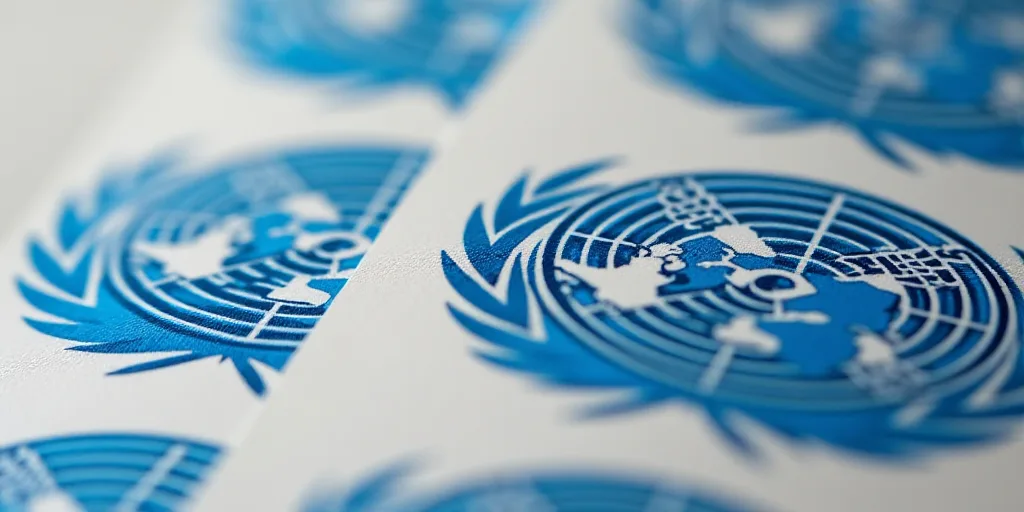 a close up of a sticker with a picture of the united nations emblem on it's side, Avgust Černigoj,