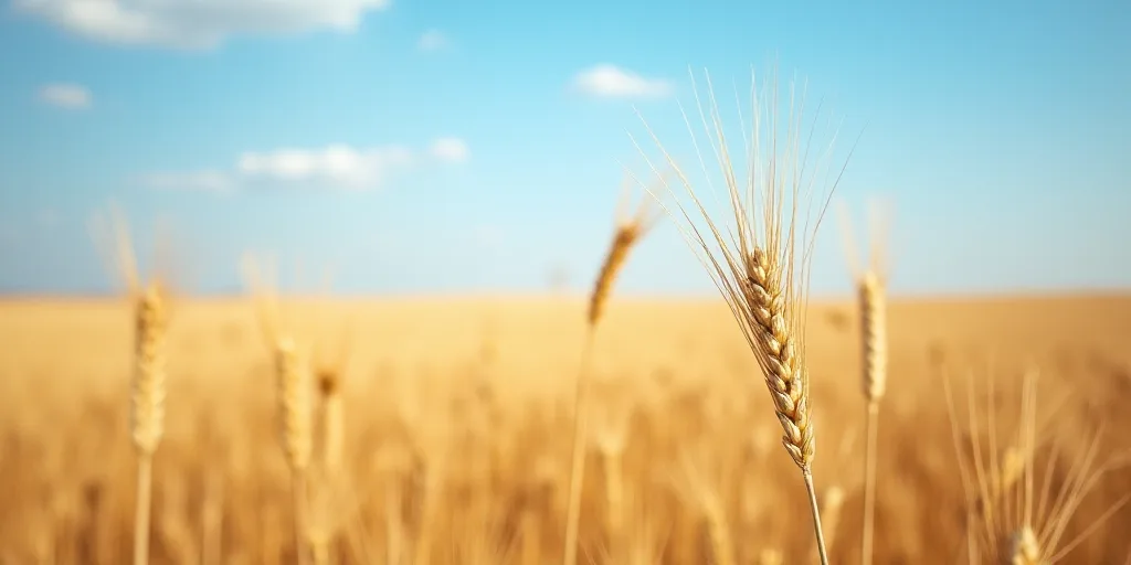 a close up of a wheat field with a blue sky in the background and a few clouds in the sky, Bouchta E