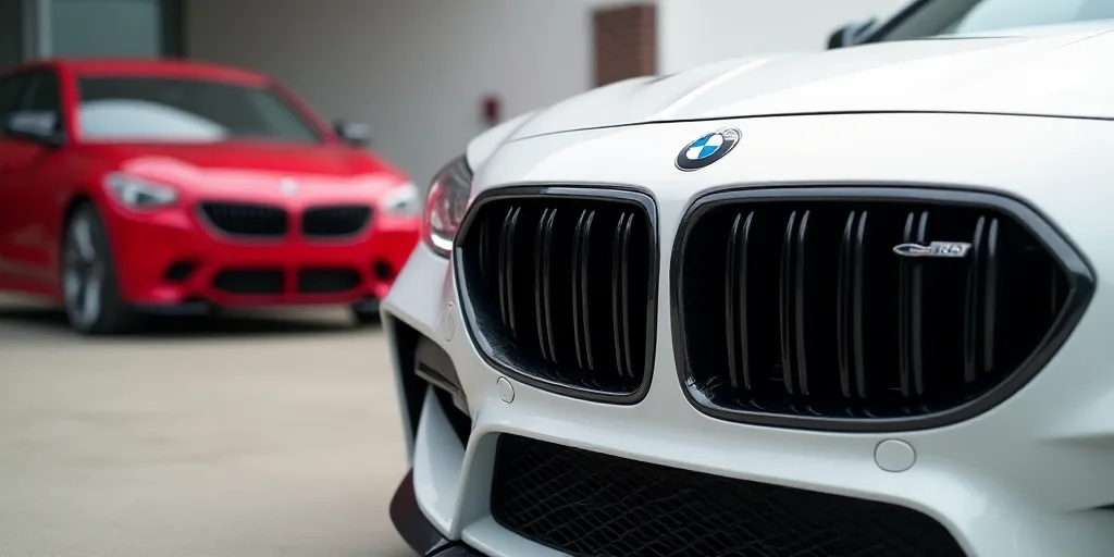 a close up of the front grille of a car with a red car in the background and a white car in the fore