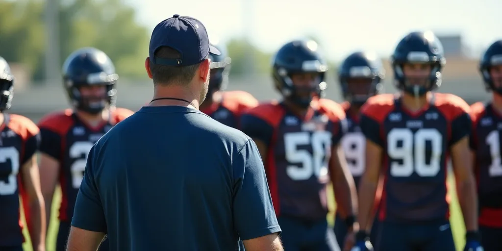 a coach standing in front of a group of football players wearing helmets and helmets on a field with