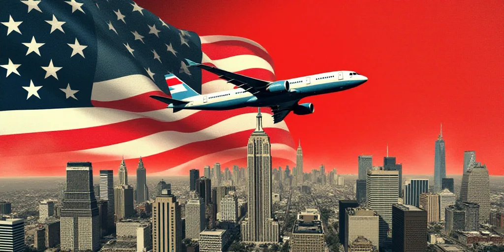 a collage of american flags, money, and a plane flying over a city with a red background, Eddie Mend