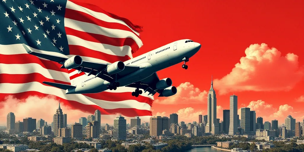 a collage of american flags, money, and a plane flying over a city with a red background, Eddie Mend