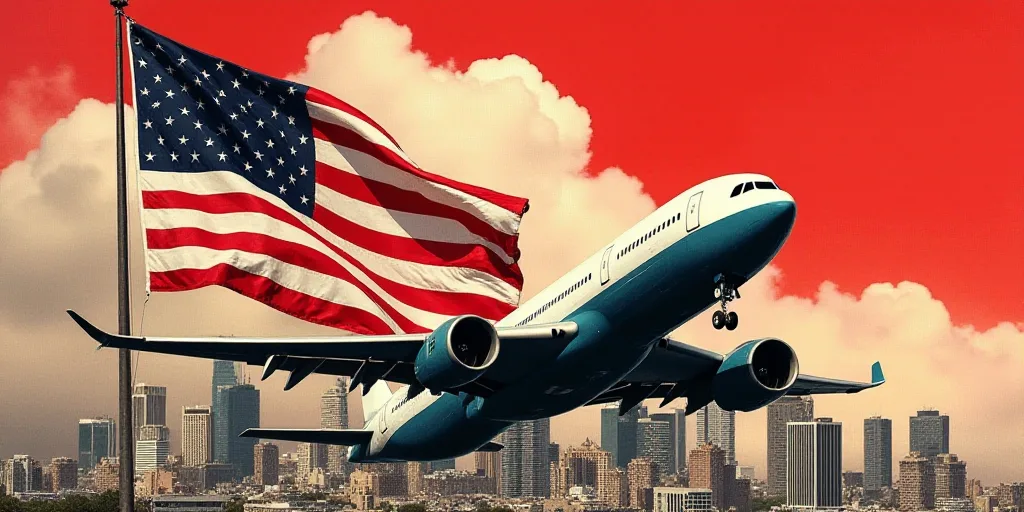 a collage of american flags, money, and a plane flying over a city with a red background, Eddie Mend