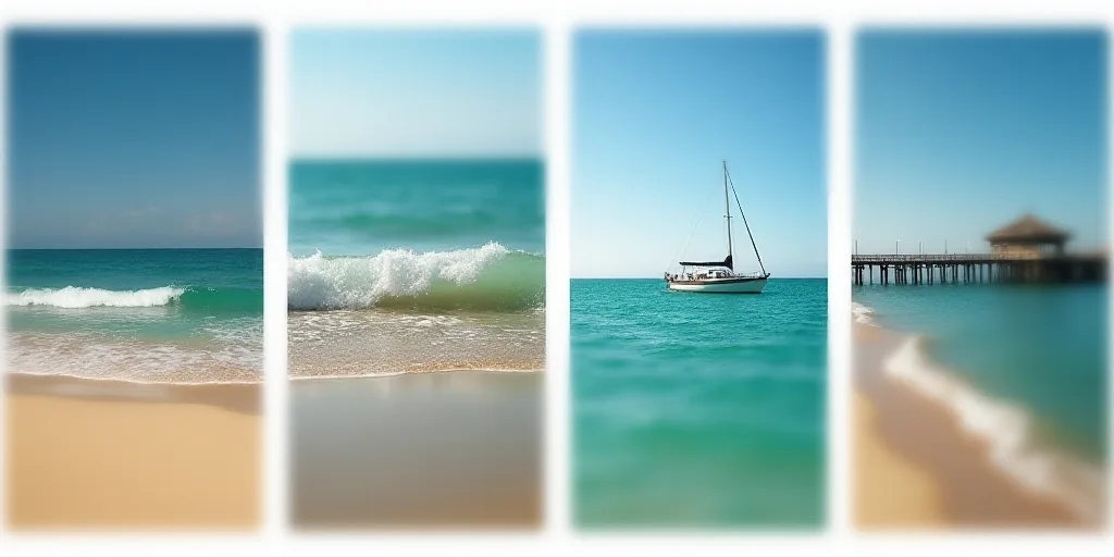 a collage of four pictures of a beach and ocean with a boat in the water and a beach with a pier, Ca