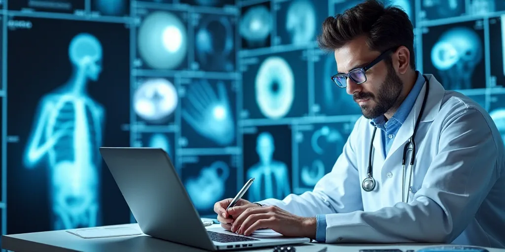 a collage of medical images with a doctor and a laptop and a calculator and a pen, Évariste Vital L