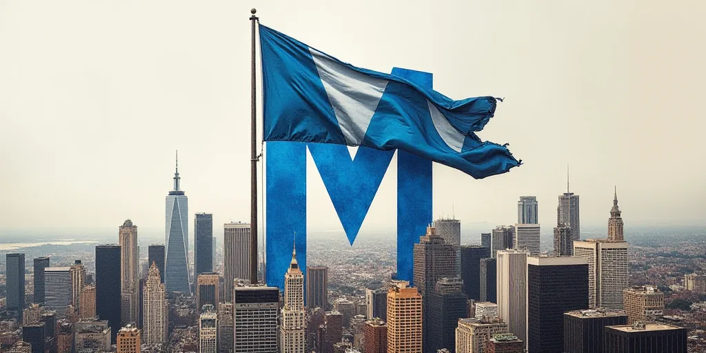 a collage of photos of a city with a blue m logo on it and a flag flying in the wind, Carlos Francis