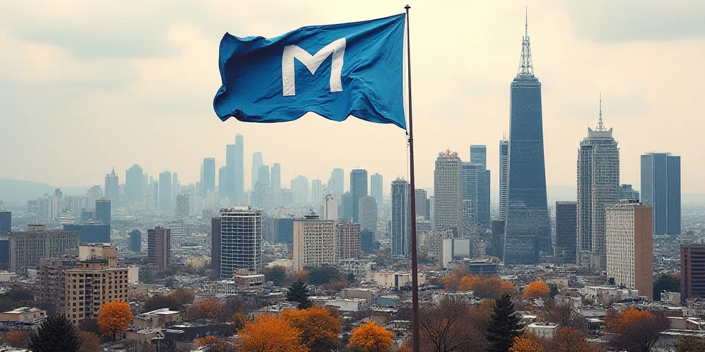 a collage of photos of a city with a blue m logo on it and a flag flying in the wind, Carlos Francis