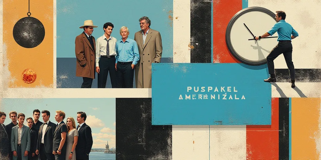 a collage of photos with a clock and a blue paper with a word on it and a group of people, Bela Čik