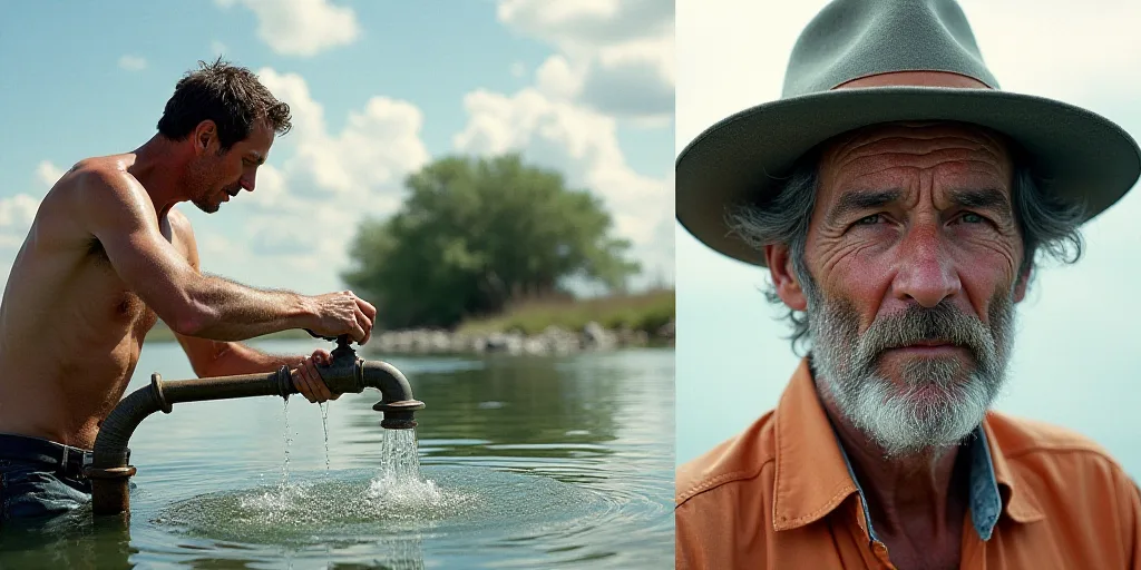 a collage of photos with a man watering water from a faucet and a man with a hat on, David LaChapell