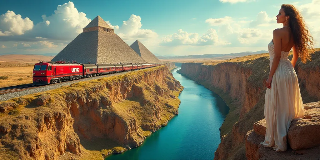 a collage of photos with a train, a woman and a pyramid and a river in the middle, Aquirax Uno, prom