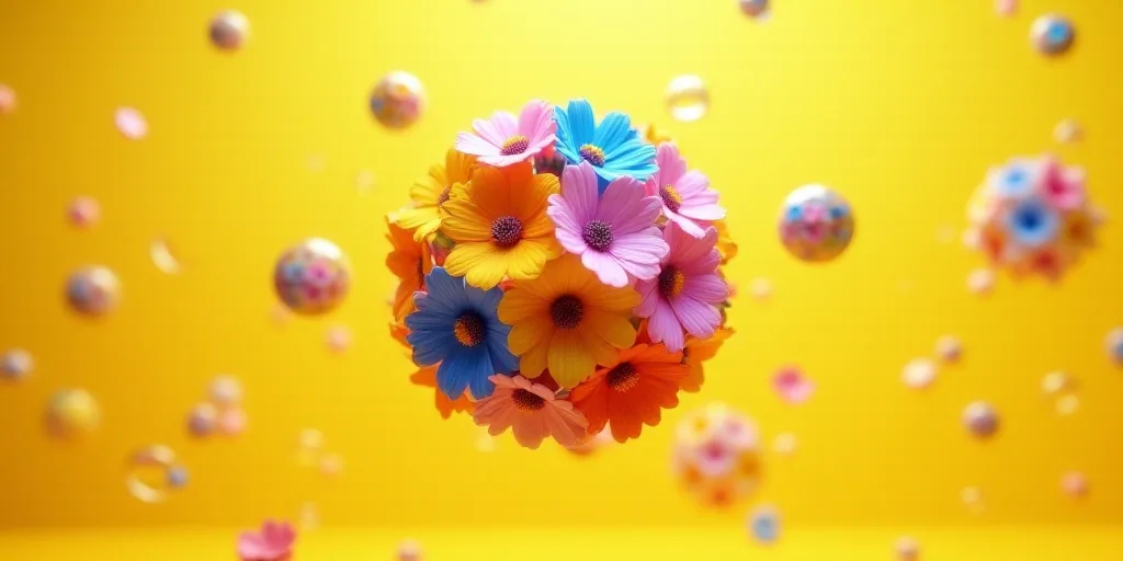 a colorful ball of colored flowers floating in the air with bubbles around it and a yellow backgroun