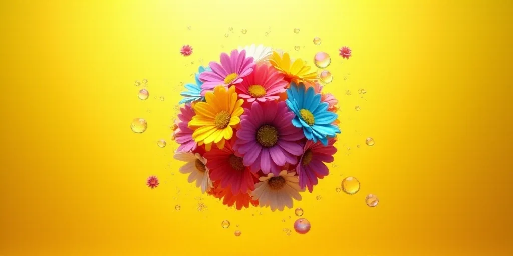 a colorful ball of colored flowers floating in the air with bubbles around it and a yellow backgroun