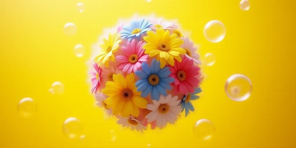 a colorful ball of colored flowers floating in the air with bubbles around it and a yellow backgroun