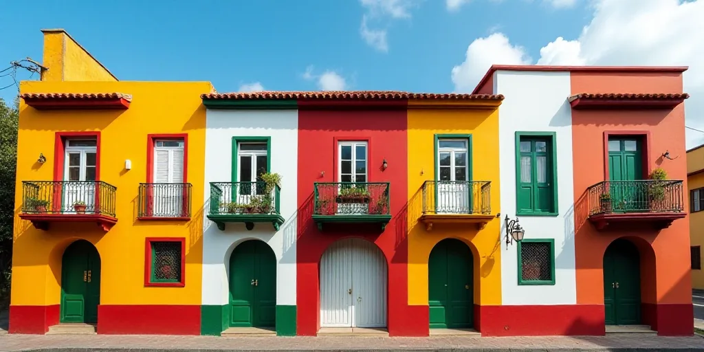 a colorful building with a red, yellow, and green front and a white and red front and a red and yell