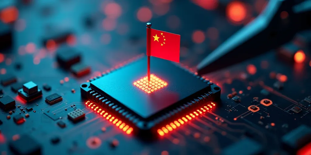 a computer chip with a flag on it being sold by a pair of scissors on top of it with a flag on the c