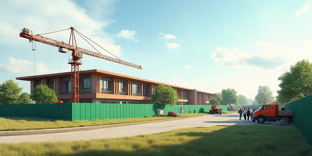 a construction site with a crane and construction equipment in the foreground and a building in the