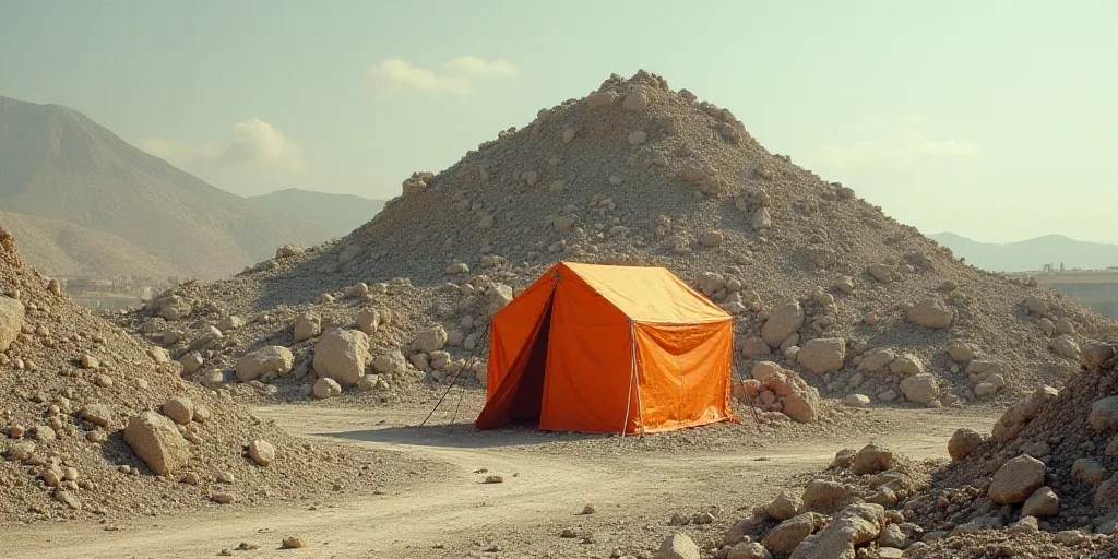 a construction site with a large pile of rubble and a small orange tent in the middle of the picture
