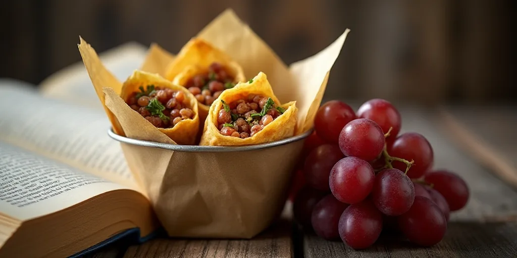 a container of food with a wrap and grapes on the side of it and a book nearby on the table, Chippy,