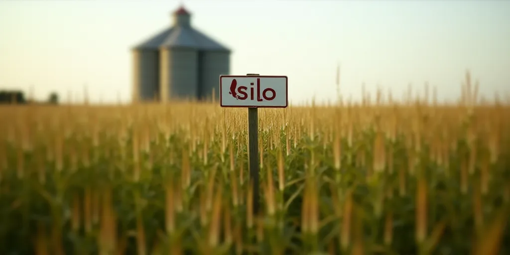 a corn field with a silo and a silo sign in the middle of it and a silo in the background, Dahlov Ip