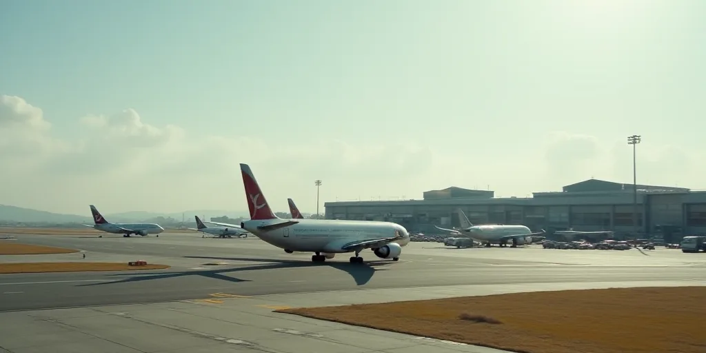 a couple of airplanes that are on a runway in an airport with a terminal in the background and a few