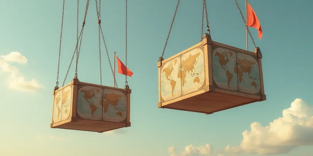 a couple of boxes are suspended by chains in the air with a map on them and a flag on the back, Andr