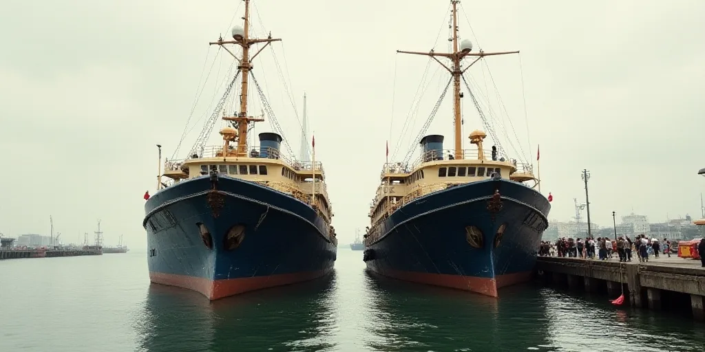 a couple of large boats sitting next to each other on a pier with people standing on the deck of the