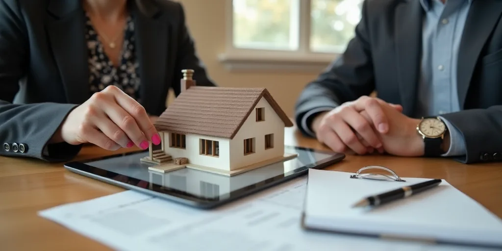 a couple of people sitting at a table with a tablet and a house model on it, and a pen and paper, Ar