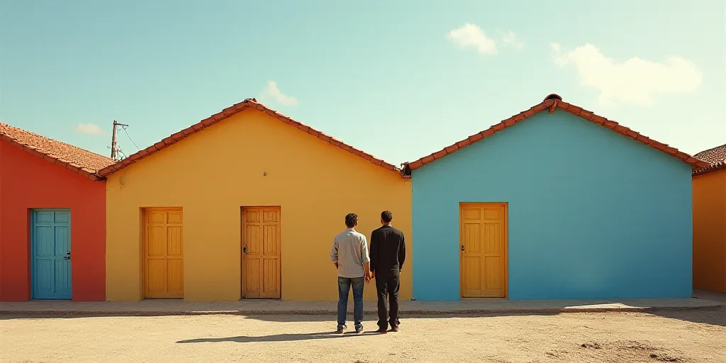 a couple of people standing in front of a row of houses with a picture of them in the middle, Almada