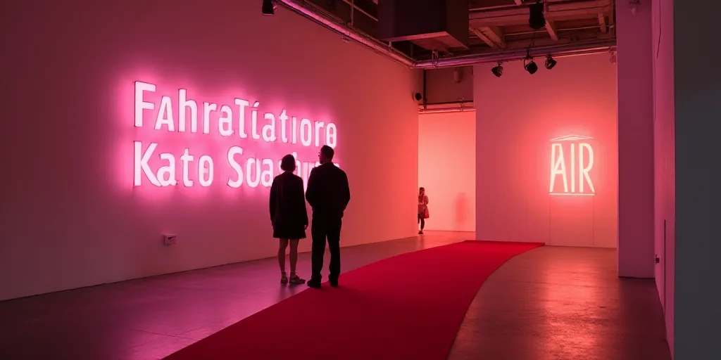 a couple of people standing next to a sign on a wall in a building with a red carpet and a red carpe