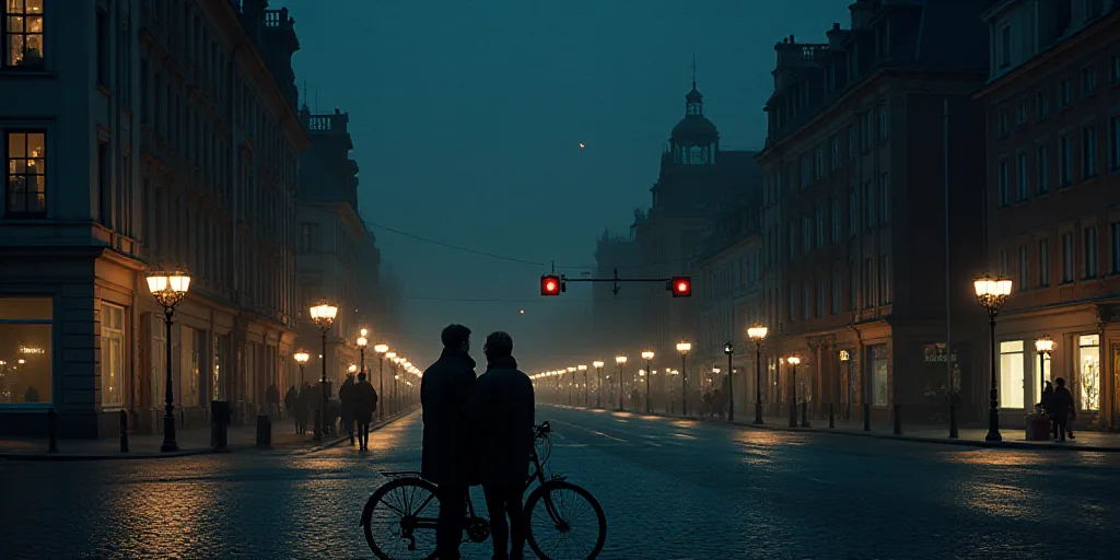 a couple of people standing next to a bike on a street at night time with a building in the backgrou