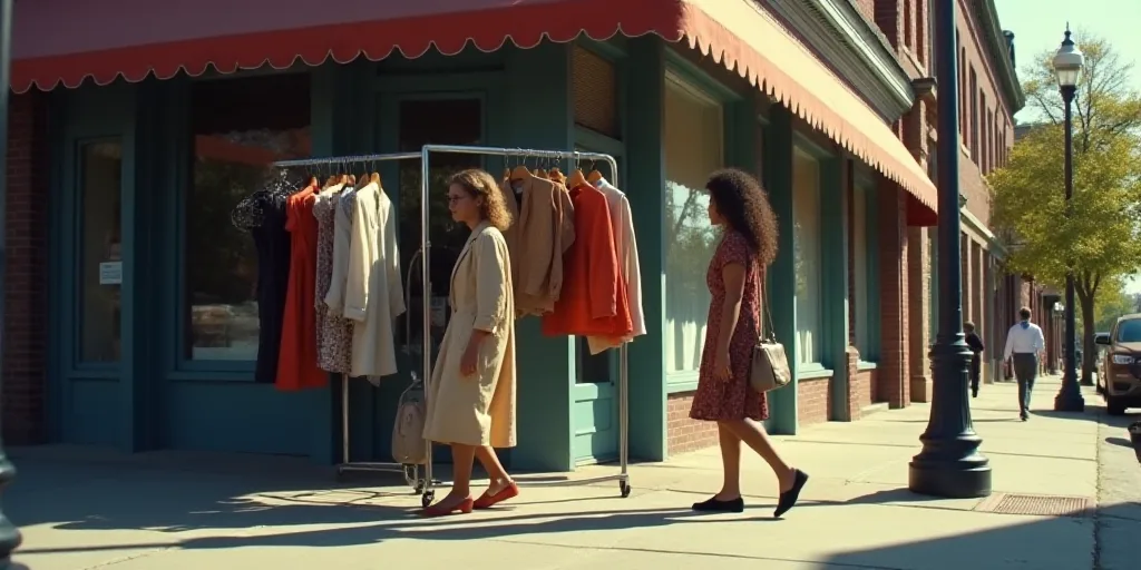 a couple of people walking down a street next to a store front with clothing hanging on a rack and a
