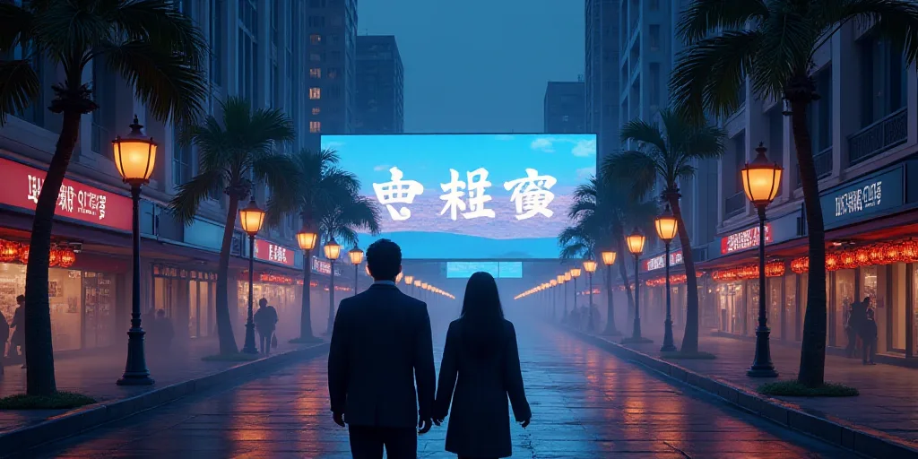 a couple of people walking down a street at night with a large screen in the background that says pa