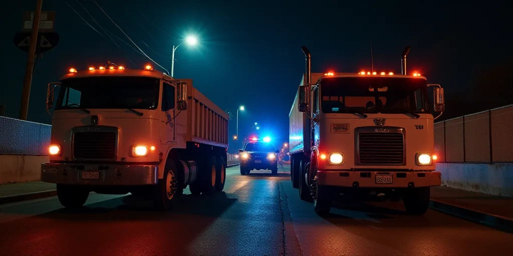 a couple of trucks parked next to each other on a street at night time with lights on and a police c