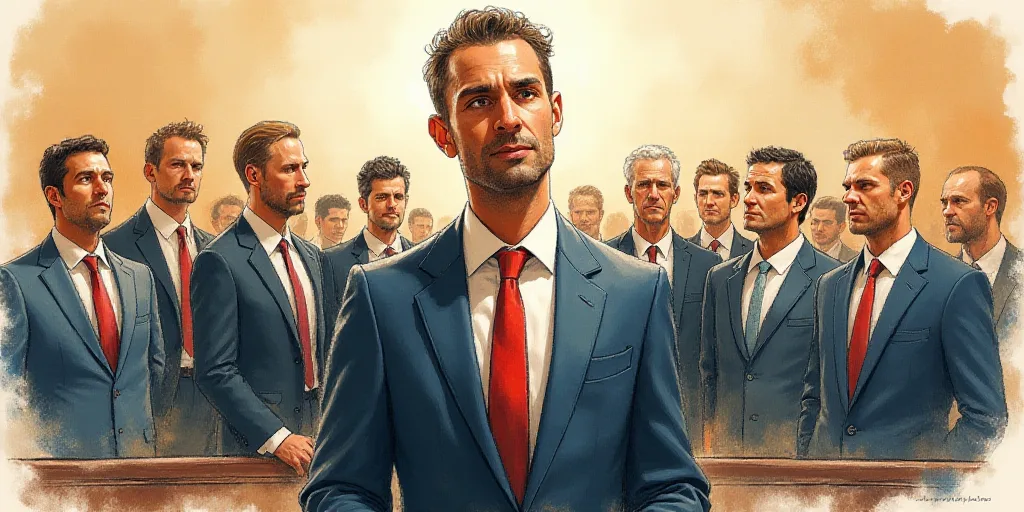 a courtroom drawing of a man in a suit and tie surrounded by other men in suits and ties,, Alton Tob